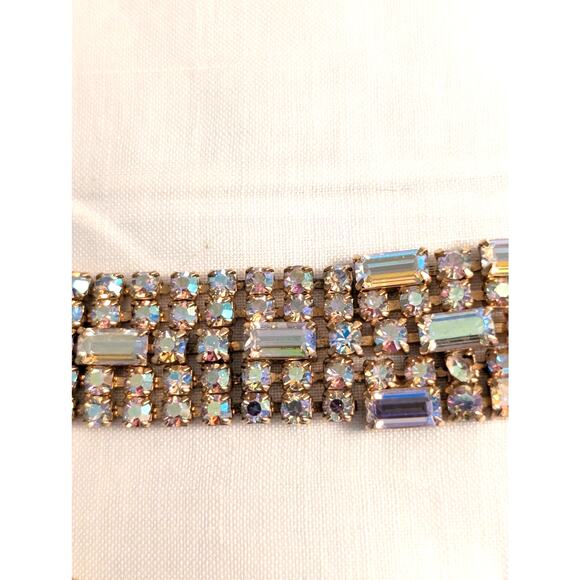 Vintage 1960s Unsigned Aurora Borealis Crystal Gold Tone Wide Bracelet W/ Safety - Picture 13 of 16